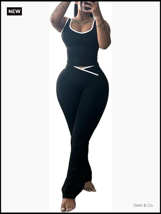 Pants - 2 Piece Crop Top and Flare Pants Lounge Set Tracksuit